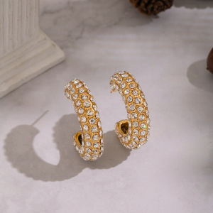 1 Paire De Boucles D'Oreilles Créoles Luxueuses En Acier Inoxydable Doré, Étanches, En Forme De C Et Ornées De Strass. h5 Image3