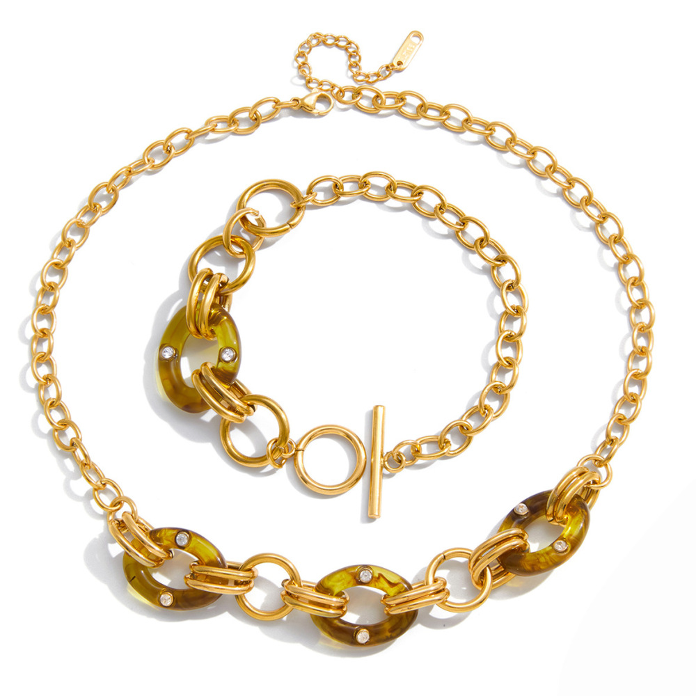 Collier Classique Ovale En Résine, Acier Inoxydable, Couleur Or, Pour Femme (1 Pièce) h5Image8