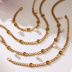 Collier Pendentif Femme En Acier Inoxydable Doré, 1 Pièce, Avec Chaîne De Perles Délicates Et Étanche h5 Image3