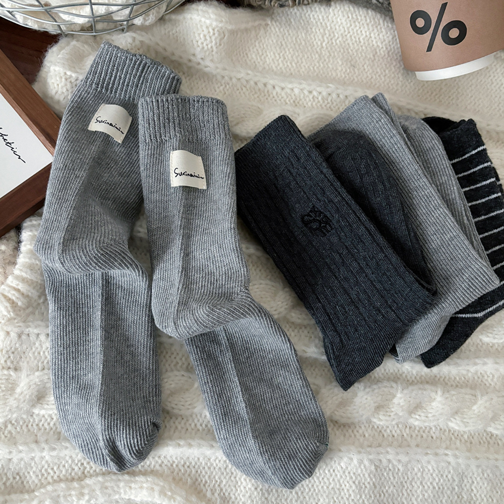 1 Paire De Chaussettes Mi-Mollet Décontractées Et Polyvalentes En Pur Coton Gris - Image2