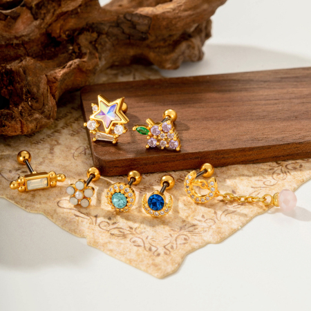 Boucles d'oreilles piercing pour femmes, motif étoile et lune polychrome, couleur cuivre et or, avec zircon.