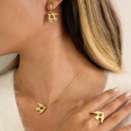 Ensembles de bijoux pour femmes en acier inoxydable, ornés de pierres naturelles et d'oiseaux délicats, imperméables et de couleur dorée. 2