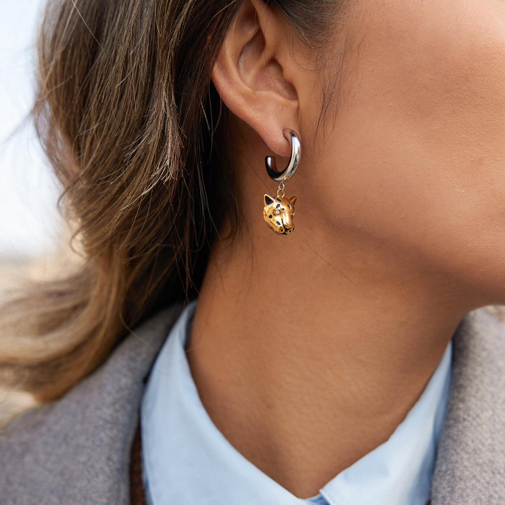 Boucles D'Oreilles Pendantes Pour Femmes, Motif Tête De Léopard, En Acier Inoxydable, Imperméables Et Anti-Ternissement, Couleur Or. h5Image5