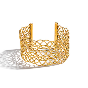 Bracelet Manchette Étanche En Acier Inoxydable Doré, Orné De Lignes Entrelacées (1 Pièce) h5 Image5