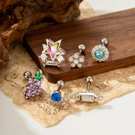 Boucles d'oreilles piercing pour femmes, motif étoile et lune polychrome, couleur cuivre et or, avec zircon. 2