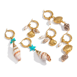 Boucles D'Oreilles Pendantes Pour Femme, Coquillage, Étoile De Mer, Acier Inoxydable, Imperméables, Perles h5 Image4