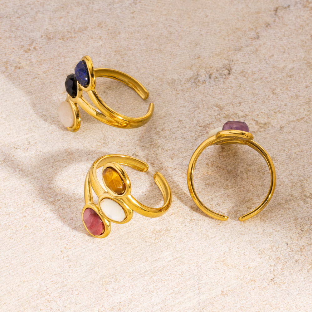 Bagues Élégantes Pour Femmes, Serties De Trois Pierres Ovales Naturelles, En Acier Inoxydable, Imperméables Et Anti-Ternissement, Couleur Or. Image2