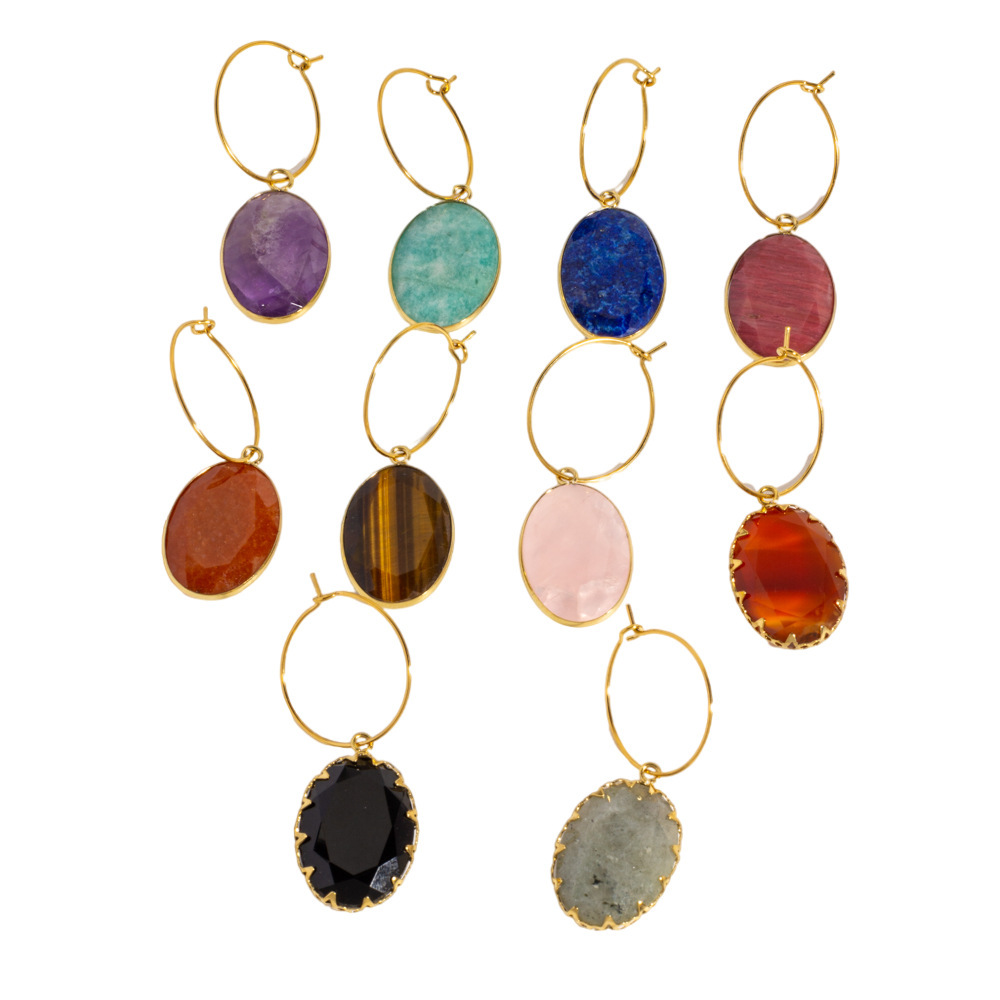Boucles D'Oreilles Pendantes Pour Femmes, Style Ovale Classique, En Acier Inoxydable, Imperméables Et Anti-Ternissement, Couleur Or, Serties De Pierres Naturelles. Image4
