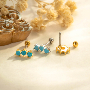 Boucles D'Oreilles Piercing Pour Femme, Couleur Cuivre Doré, Avec Pierres Précieuses Artificielles Bleues Et Motif Floral h5 Image4