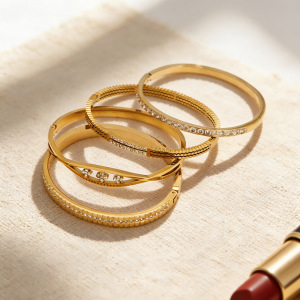 Bracelet Jonc Pour Femme En Acier Inoxydable Doré, Imperméable Et Anti-Ternissement, Orné De Zircon, Avec Motif Goutte D'Eau. h5 Image3