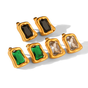 Boucles D'Oreilles Puces Pour Femmes, Luxueuses, Rectangulaires, En Acier Inoxydable, Imperméables Et Anti-Ternissement, Couleur Or, Ornées De Zircon. h5 Image6