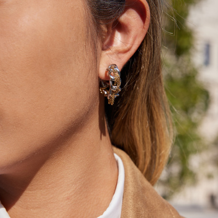 1 paire de boucles d'oreilles créoles pour femme, style Daily Chain, en acier inoxydable imperméable, couleurs or et argent.