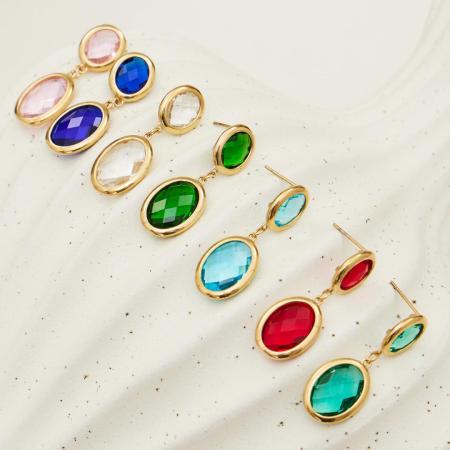 1 paire de boucles d'oreilles pendantes glamour rondes en verre et acier inoxydable étanche, couleur or, pour femme.