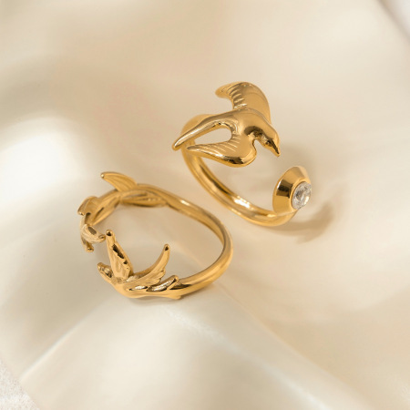 Bague tendance en acier inoxydable doré, ornée d'un oiseau (1 pièce)