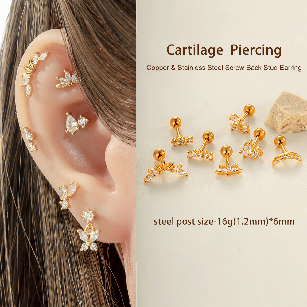 Boucles D'Oreilles Piercing Femme Papillon En Cuivre Doré Brillant, Imperméables Et Anti-Ternissement, Serties De Zircon. Image5