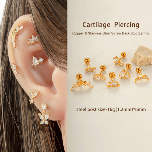 Boucles D'Oreilles Piercing Femme Papillon En Cuivre Doré Brillant, Imperméables Et Anti-Ternissement, Serties De Zircon. h5 Image5