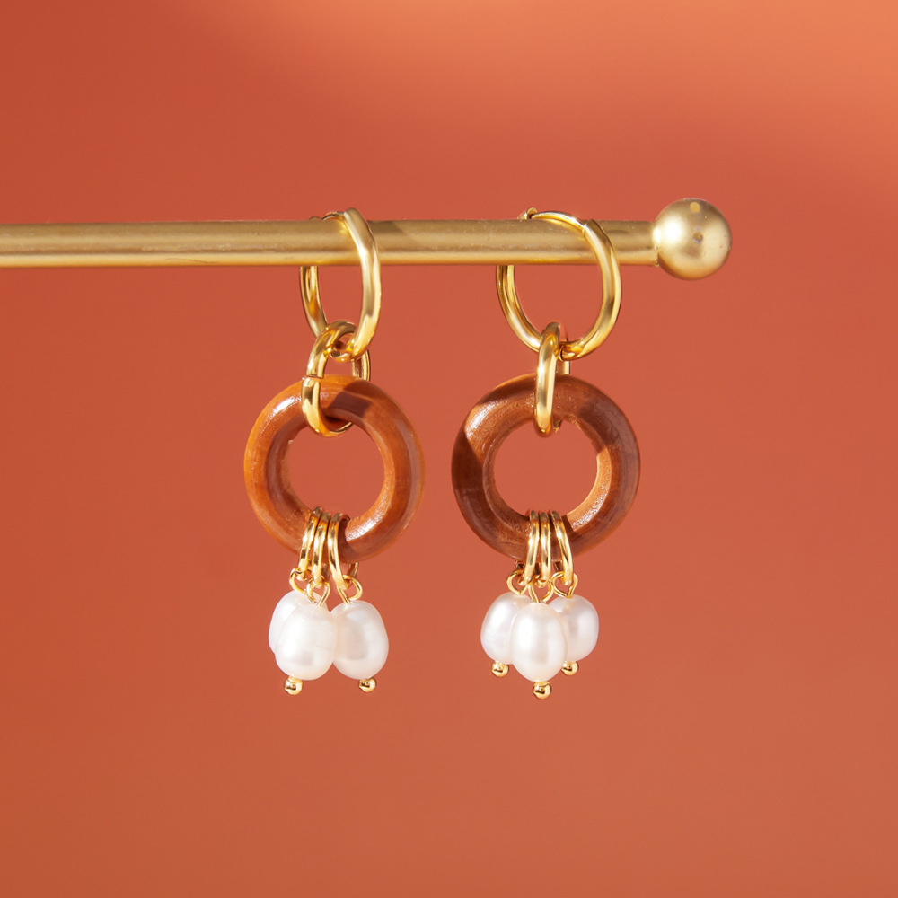 1 Paire De Boucles D'Oreilles Pendantes Rétro En Bois, Acier Inoxydable Étanche, Couleur Or, Pour Femme Image5