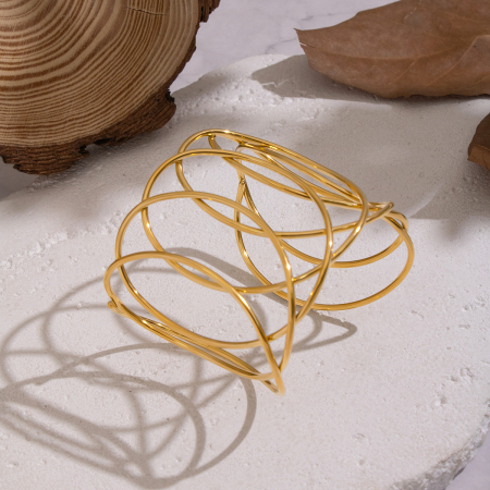 Bracelet manchette rond en acier inoxydable tissé, étanche, couleur or (1 pièce) 2