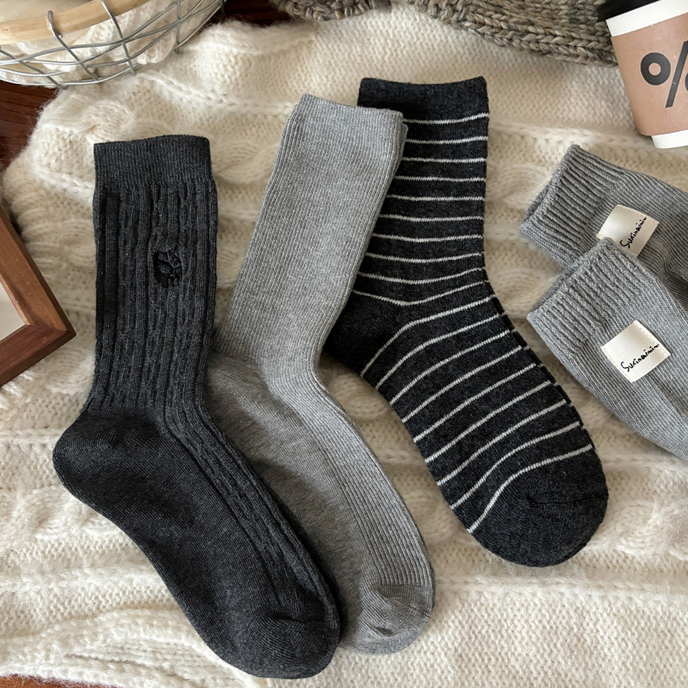 1 Paire De Chaussettes Mi-Mollet Décontractées Et Polyvalentes En Pur Coton Gris - Image3