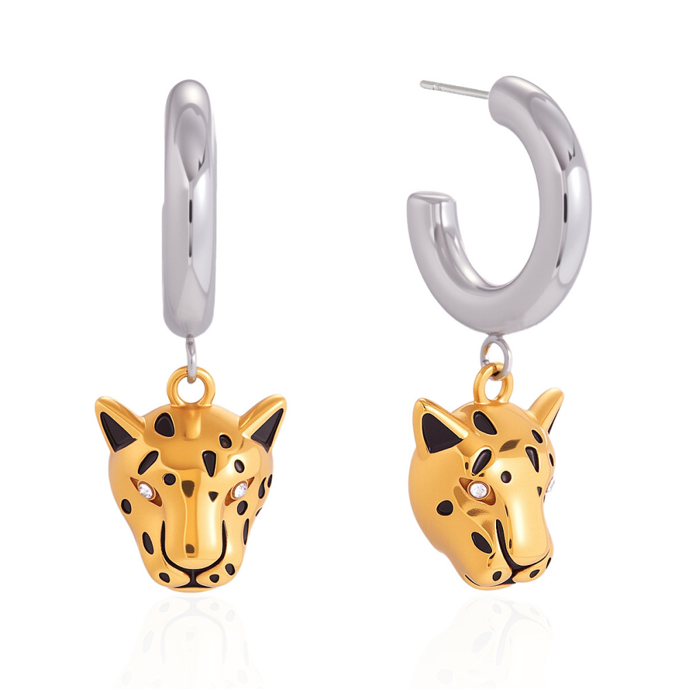 Boucles D'Oreilles Pendantes Pour Femmes, Motif Tête De Léopard, En Acier Inoxydable, Imperméables Et Anti-Ternissement, Couleur Or.