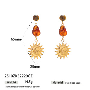 1 Paire De Boucles D'Oreilles Pendantes Pour Femme, Ornées D'Un Soleil, En Acier Inoxydable Et Acrylique Imperméable, Couleur Or, Serties De Pierres Naturelles Délicates. h5 