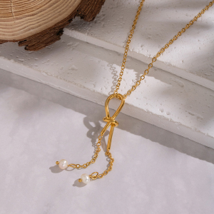 Collier Avec Pendentif Perle Couleur Or, Chaîne À Pompon En Acier Inoxydable Étanche h5 Image4