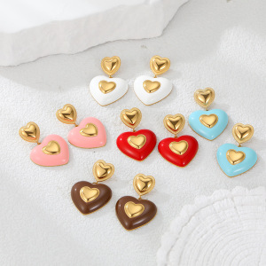 Boucles D'Oreilles Pendantes Pour Femmes, En Acier Inoxydable Doré, Imperméables, En Forme De Cœur Coloré Et Anti-Ternissement h5 Image2