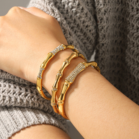 Bracelet pour femme en bambou, acier inoxydable, étanche, couleur or et zircon, design articulé 2