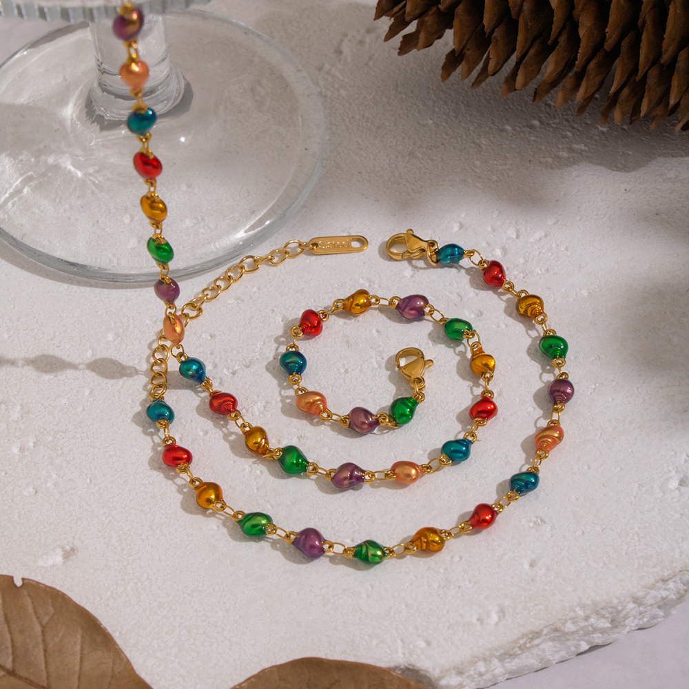 Ensembles De Bijoux Pour Femmes En Acier Inoxydable Étanche, En Forme De Cœur Et De Coquillage, Émail Rétro, Couleur Or Image4