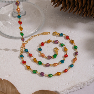 Ensembles De Bijoux Pour Femmes En Acier Inoxydable Étanche, En Forme De Cœur Et De Coquillage, Émail Rétro, Couleur Or h5 Image4