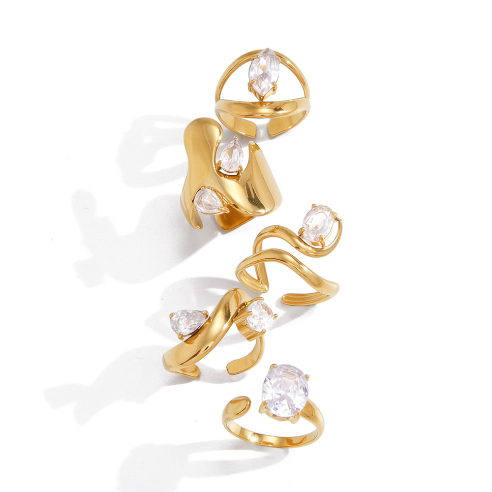 Bagues Asymétriques Pour Femmes En Acier Inoxydable, Imperméables Et Anti-Ternissement, Couleur Or, Serties De Zircon. h5Image7