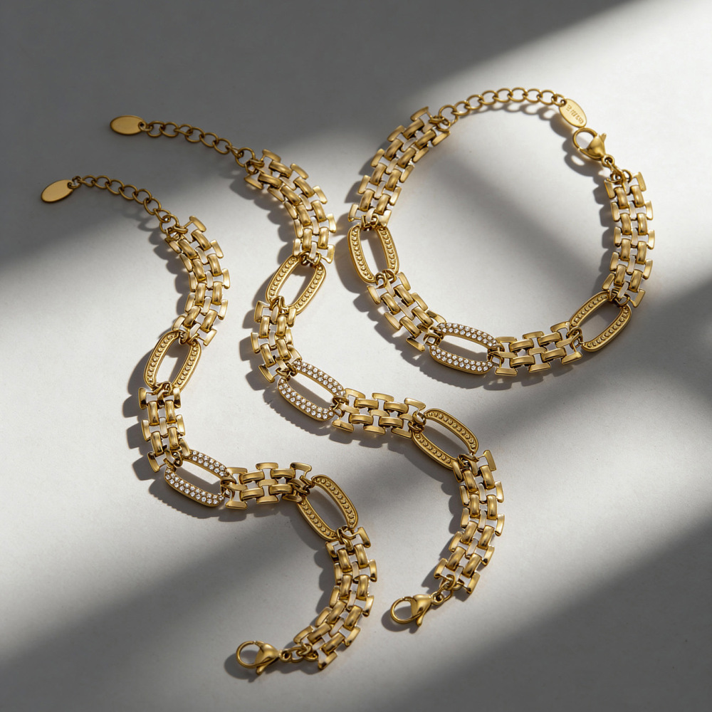 Bracelet Chaîne Ovale Moderne En Acier Inoxydable, Étanche Et Anti-Ternissement, Couleur Or, Avec Zircon Pour Femme Image3
