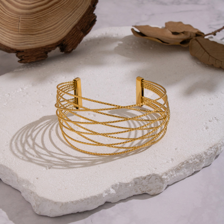 Bracelet manchette rond en acier inoxydable tissé, étanche, couleur or (1 pièce) 2
