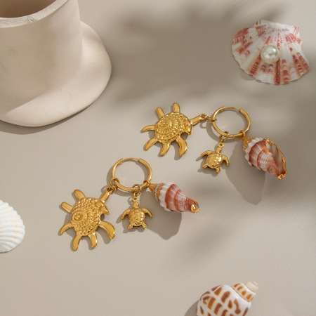 Boucles d'oreilles pendantes pour femme, motif coquillage et étoile de mer, en acier inoxydable étanche.