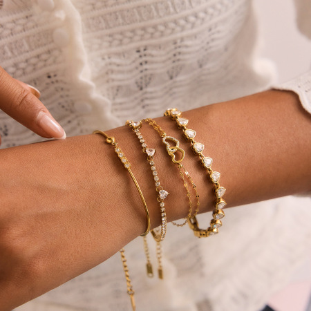 Bracelets sophistiqués à double cœur en acier inoxydable, étanches et anti-ternissement, couleur or, pour femmes