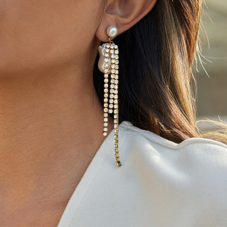 Boucles d'oreilles de soirée pour femmes, en acier inoxydable étanche, couleur or, avec pompon scintillant