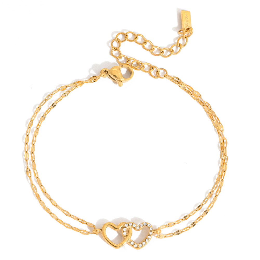 Bracelets Sophistiqués À Double Cœur En Acier Inoxydable, Étanches Et Anti-Ternissement, Couleur Or, Pour Femmes