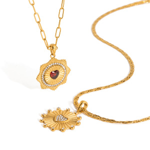Colliers Pendentifs Pour Femmes En Acier Inoxydable Doré, Imperméables Et Anti-Ternissement, Motif Cœur Soleil Brillant h5 Image7