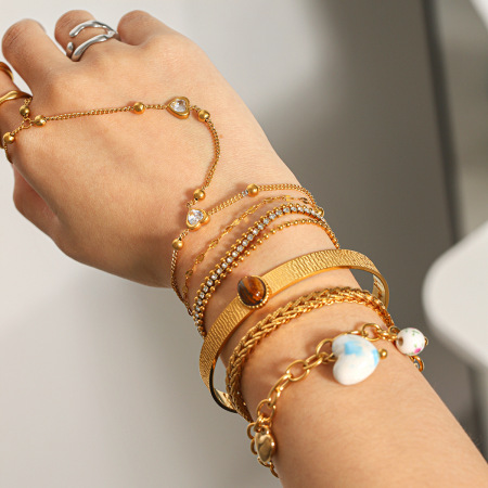 Ensemble bracelet en acier inoxydable imperméable avec chaîne et pierre naturelle en zircon doré