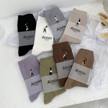 Chaussettes mi-mollet en coton à motif de personnages de dessins animés, coupe élastique