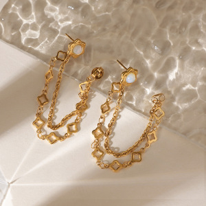 Boucles D'Oreilles Pendantes Pour Femmes, En Acier Inoxydable Doré, Imperméables Et Anti-Ternissement, Ornées D'Un Trèfle. h5 Image5