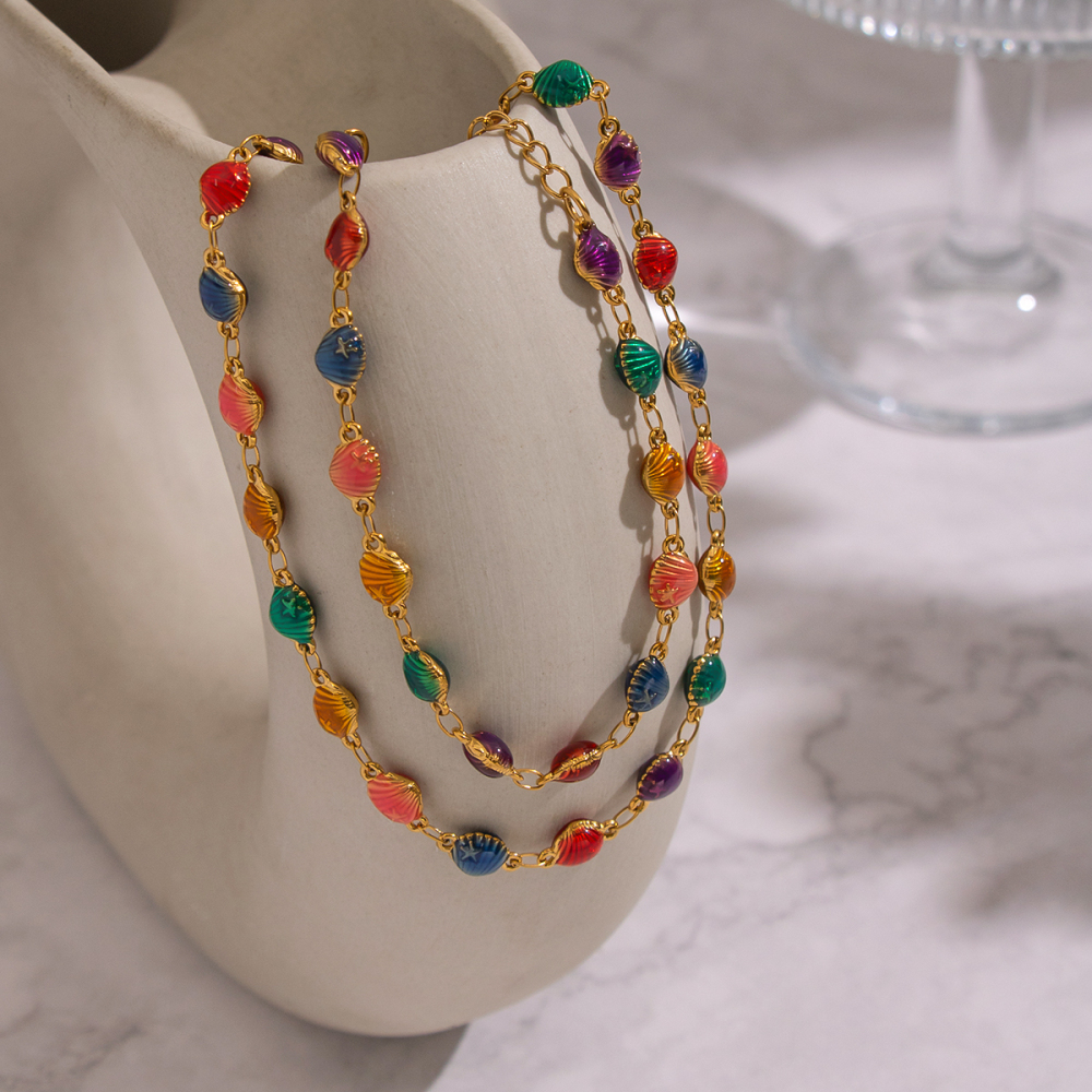 Ensembles De Bijoux Pour Femmes En Acier Inoxydable Étanche, En Forme De Cœur Et De Coquillage, Émail Rétro, Couleur Or Image5