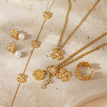Ensembles de bijoux pour femmes en acier inoxydable étanche, couleurs or et argent, motif trèfle naturel 2