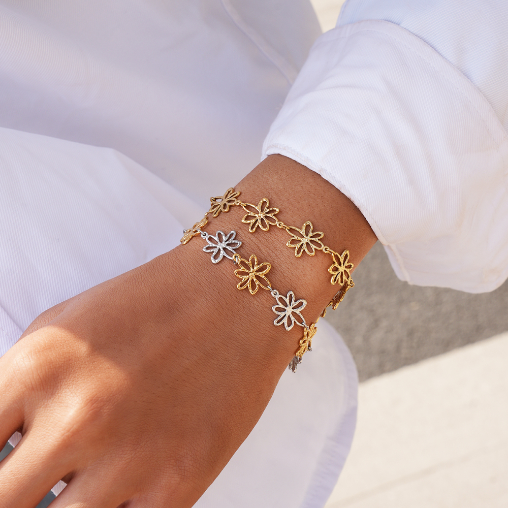 Ensembles De Bracelets Pour Femmes En Acier Inoxydable Martelé À Motif Floral, Imperméables Et Anti-Ternissement, Couleur Or Image3