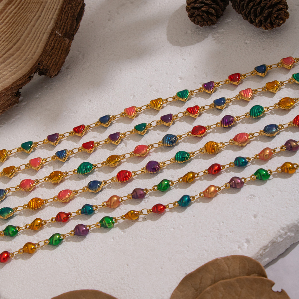 Ensembles De Bijoux Pour Femmes En Acier Inoxydable Étanche, En Forme De Cœur Et De Coquillage, Émail Rétro, Couleur Or Image2