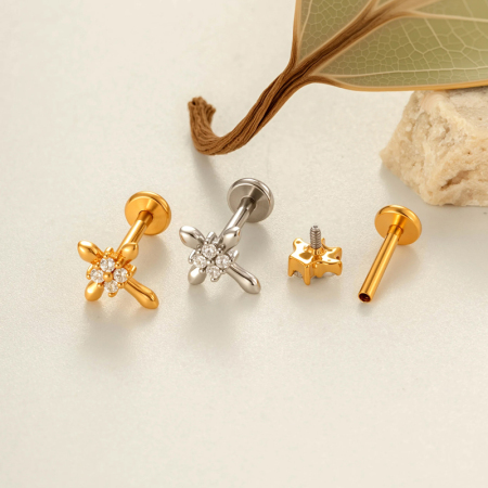 Boucles d'oreilles piercing pour femme en acier inoxydable doré, ornées de zircon, avec croix brillante, imperméables et anti-ternissement 2
