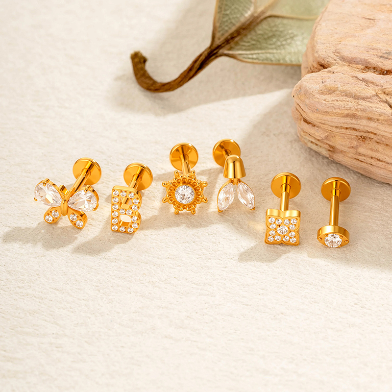 Boucles D'Oreilles Piercing Femme En Alliage De Titane Doré Avec Zircon, En Forme De Lettre Image5