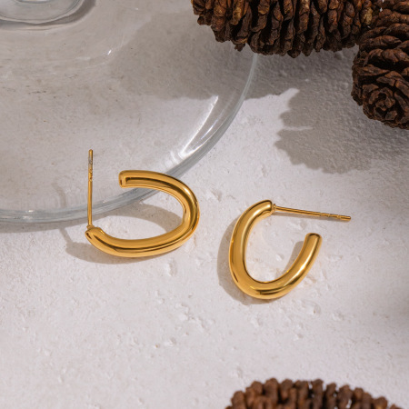 1 paire de boucles d'oreilles créoles en acier inoxydable doré, étanches, en forme de C 2