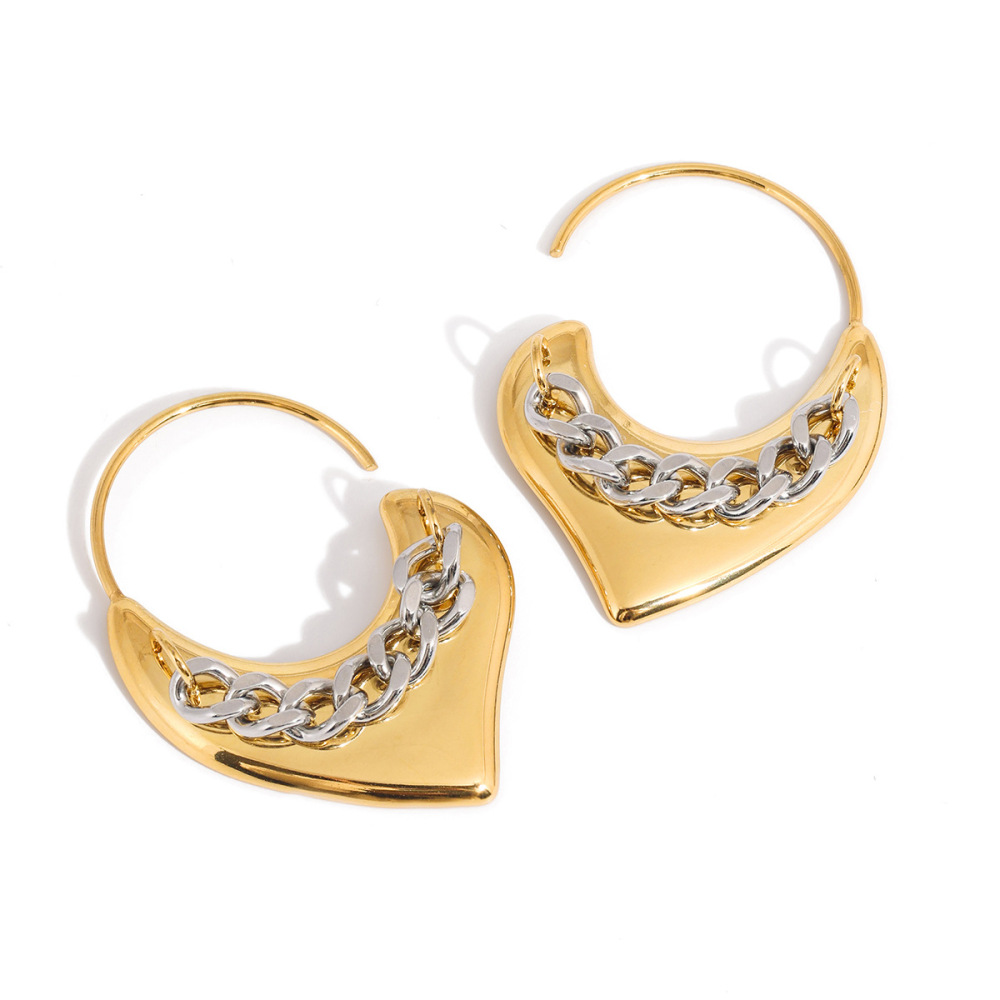 Boucles D'Oreilles Créoles Pour Femme, En Acier Inoxydable, Étanches, Avec Motif Cœur Doré Et Chaîne Argentée (1 Paire). 