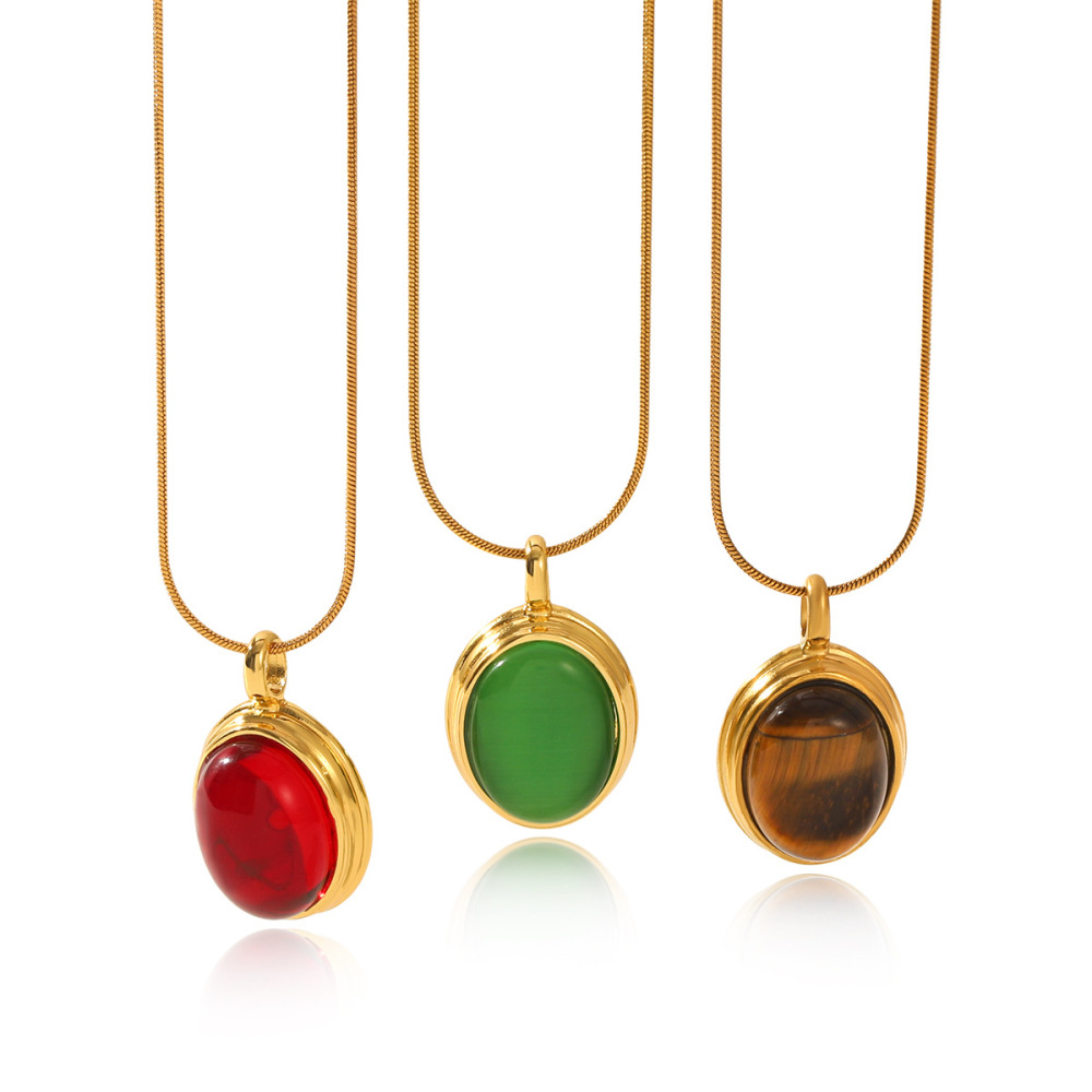 Collier Pendentif Femme Luxueux En Acier Inoxydable Doré, Pierre Naturelle, Forme Ronde, Étanche (1 Pièce) Image6